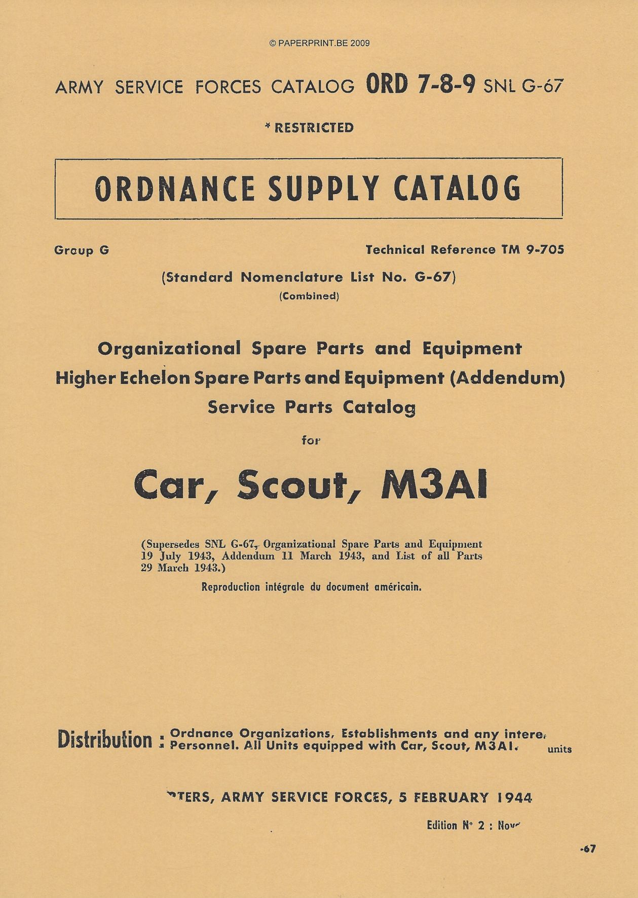 SNL G-67 US SERVICE PARTS CATALOG FOR CAR, SCOUT, M3A1